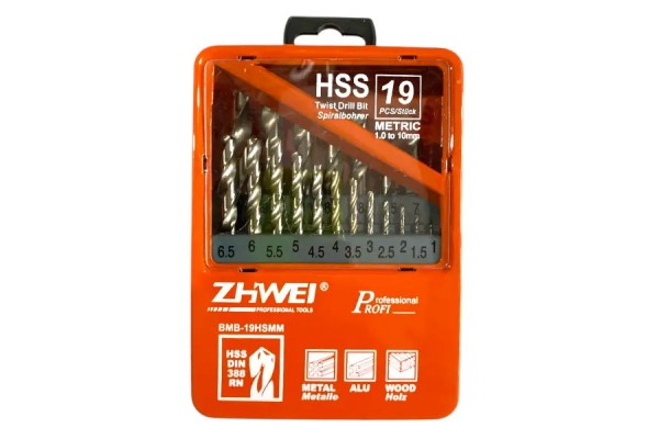 Набір свердел по металу ZhiWei Р6М5 (HSS) Ø1,0-10,0мм 19шт