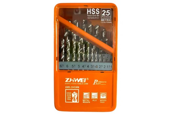Набір свердел по металу ZhiWei Р6М5 (HSS) Ø1,0-13,0мм 25шт