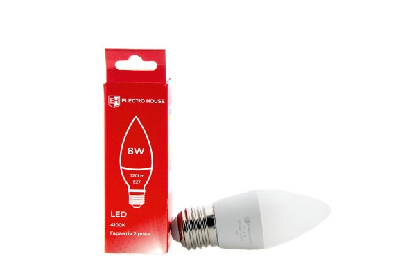 LED лампа свіча E27  8 Вт  4100К ELECTRO HOUSE (е)
